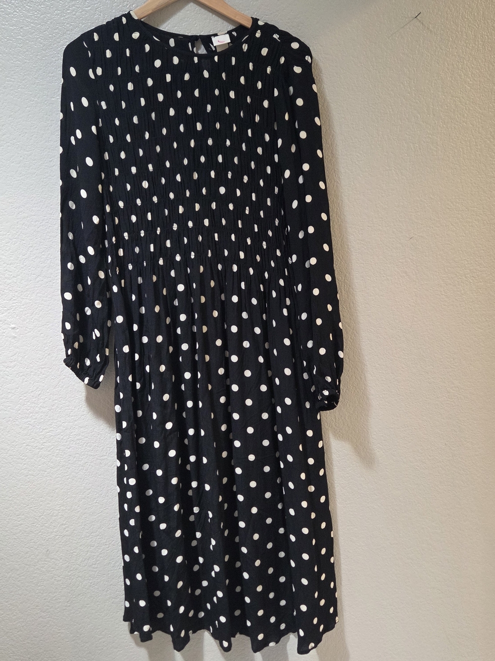 H&M Polka Dot Smocked Midi Dress Black Ivory Romantic Size 6